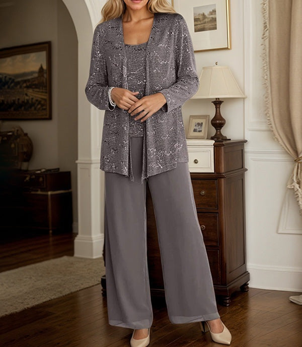 Chiffon Mother of the Bride Pantsuits with Jacket & Sequins