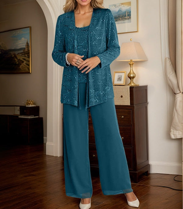 Chiffon Mother of the Bride Pantsuits with Jacket & Sequins