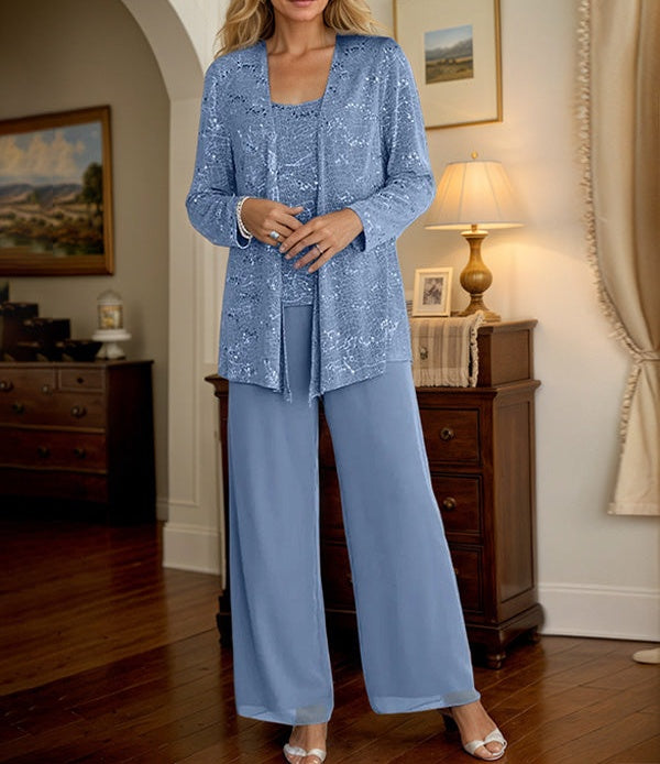 Chiffon Mother of the Bride Pantsuits with Jacket & Sequins