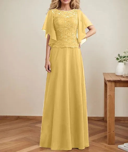 A-line Scoop Illusion Floor-Length Lace Chiffon Mother of the Bride Dress With Sequins