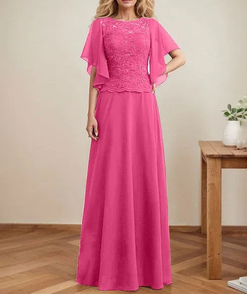A-line Scoop Illusion Floor-Length Lace Chiffon Mother of the Bride Dress With Sequins