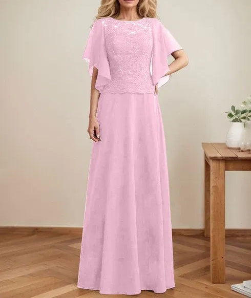 A-line Scoop Illusion Floor-Length Lace Chiffon Mother of the Bride Dress With Sequins