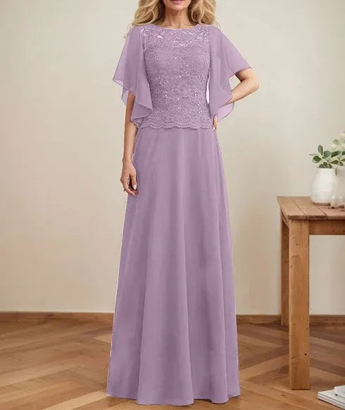 A-line Scoop Illusion Floor-Length Lace Chiffon Mother of the Bride Dress With Sequins