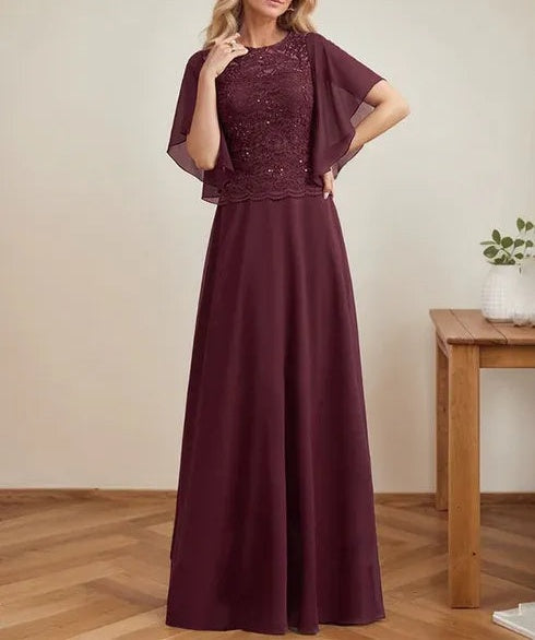 A-line Scoop Illusion Floor-Length Lace Chiffon Mother of the Bride Dress With Sequins