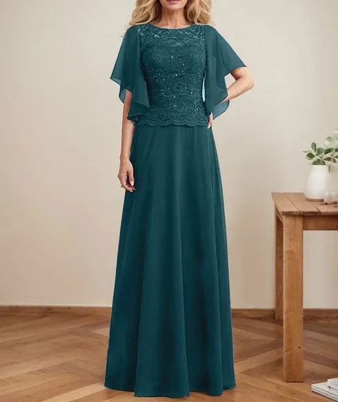 A-line Scoop Illusion Floor-Length Lace Chiffon Mother of the Bride Dress With Sequins