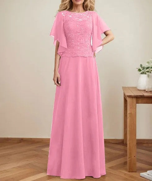 A-line Scoop Illusion Floor-Length Lace Chiffon Mother of the Bride Dress With Sequins