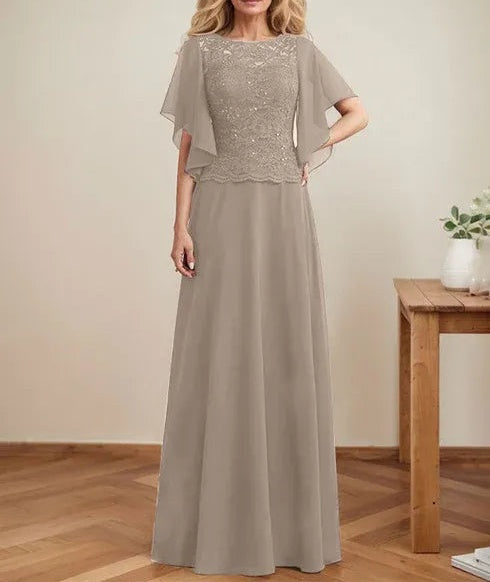 A-line Scoop Illusion Floor-Length Lace Chiffon Mother of the Bride Dress With Sequins