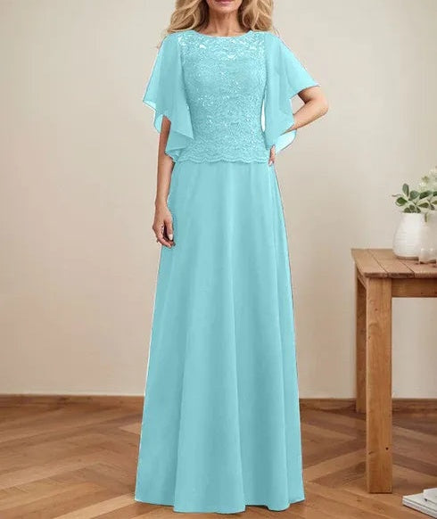 A-line Scoop Illusion Floor-Length Lace Chiffon Mother of the Bride Dress With Sequins