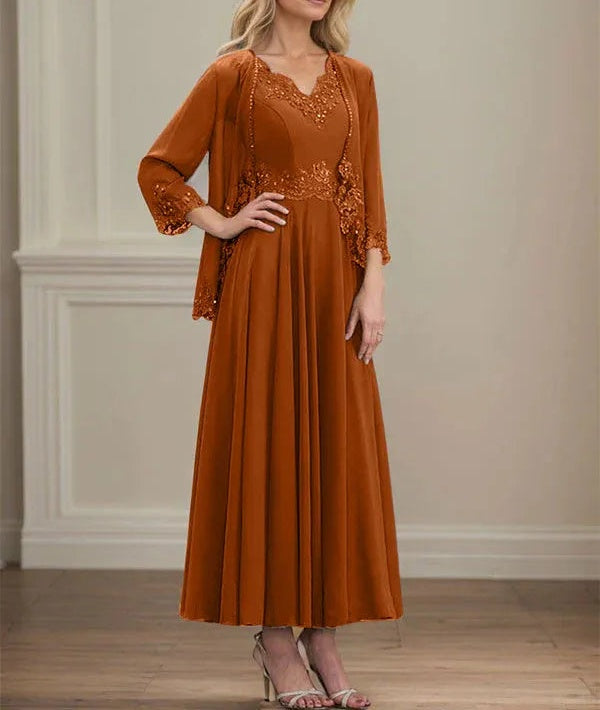 A-line V-Neck Ankle-Length Chiffon Mother of the Bride Dress With Sequins Appliques Lace Beading