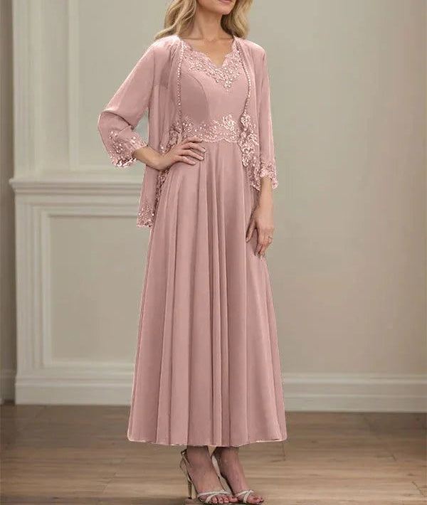 A-line V-Neck Ankle-Length Chiffon Mother of the Bride Dress With Sequins Appliques Lace Beading