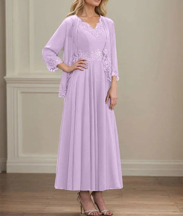 A-line V-Neck Ankle-Length Chiffon Mother of the Bride Dress With Sequins Appliques Lace Beading