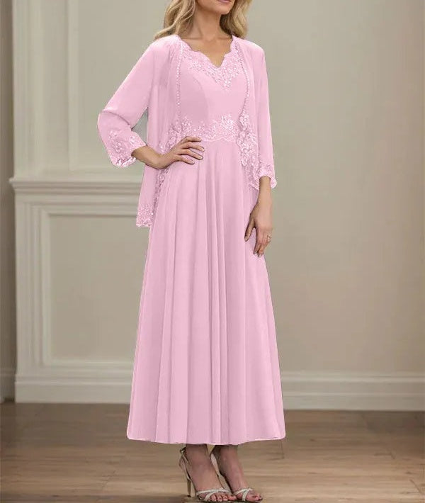 A-line V-Neck Ankle-Length Chiffon Mother of the Bride Dress With Sequins Appliques Lace Beading