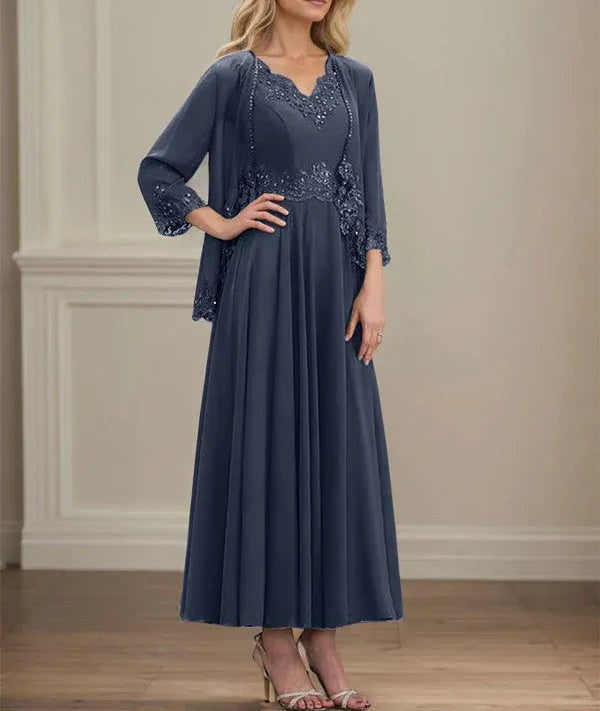 A-line V-Neck Ankle-Length Chiffon Mother of the Bride Dress With Sequins Appliques Lace Beading