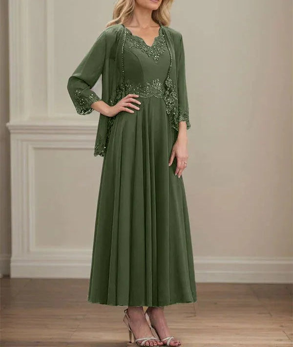 A-line V-Neck Ankle-Length Chiffon Mother of the Bride Dress With Sequins Appliques Lace Beading