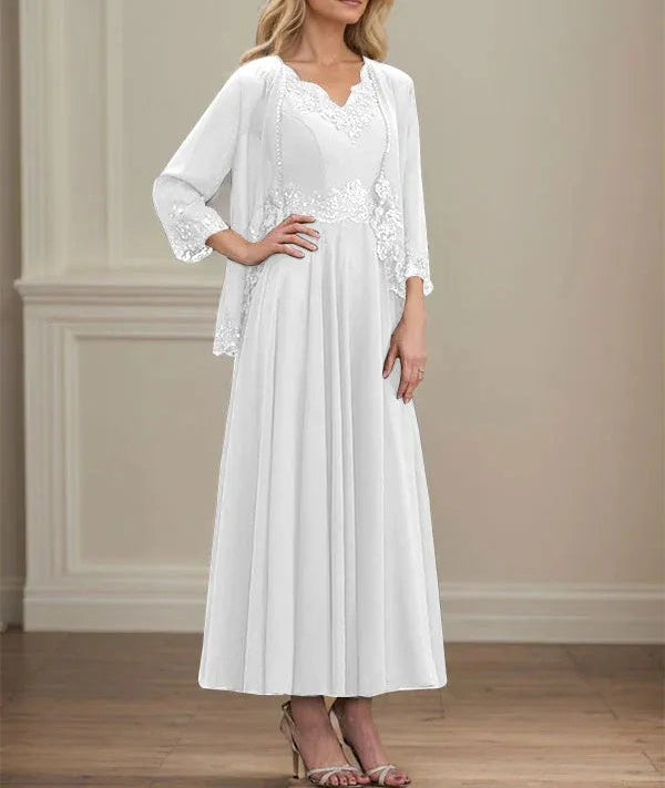 A-line V-Neck Ankle-Length Chiffon Mother of the Bride Dress With Sequins Appliques Lace Beading