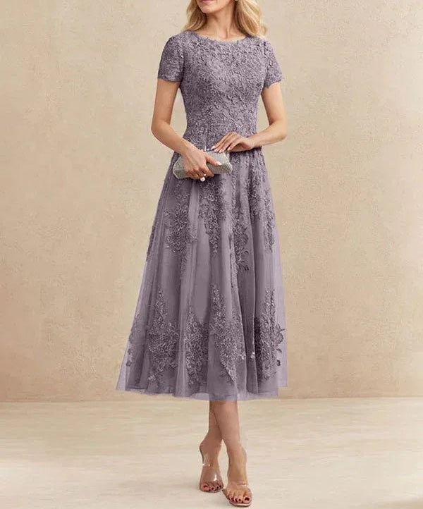 A-line Scoop Tea-Length Tulle Lace Mother of the Bride Dress