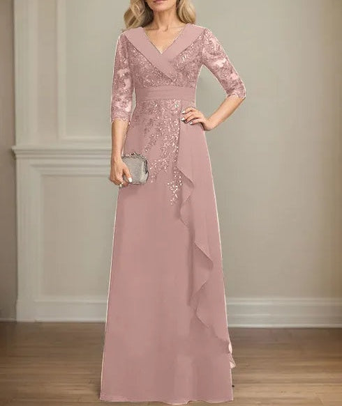 A-line Collared V-Neck Floor-Length Lace Chiffon Mother of the Bride Dress With Sequins Cascading Ruffles