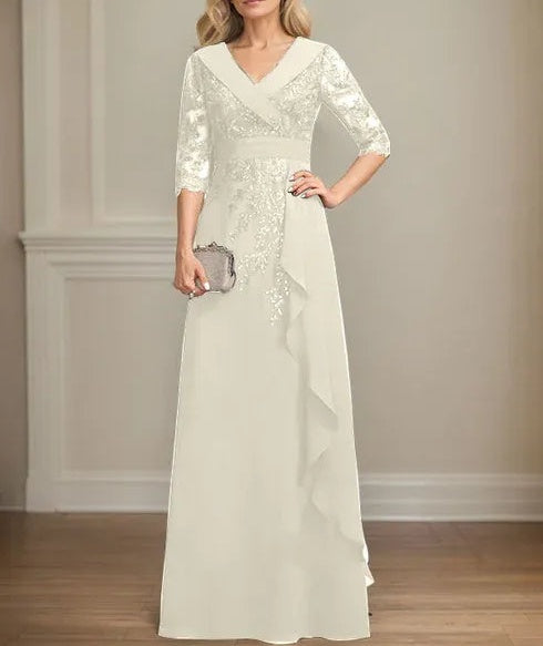 A-line Collared V-Neck Floor-Length Lace Chiffon Mother of the Bride Dress With Sequins Cascading Ruffles