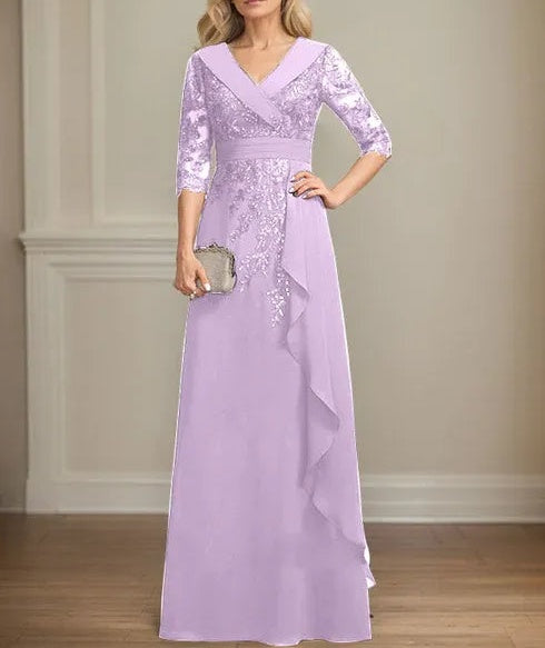 A-line Collared V-Neck Floor-Length Lace Chiffon Mother of the Bride Dress With Sequins Cascading Ruffles