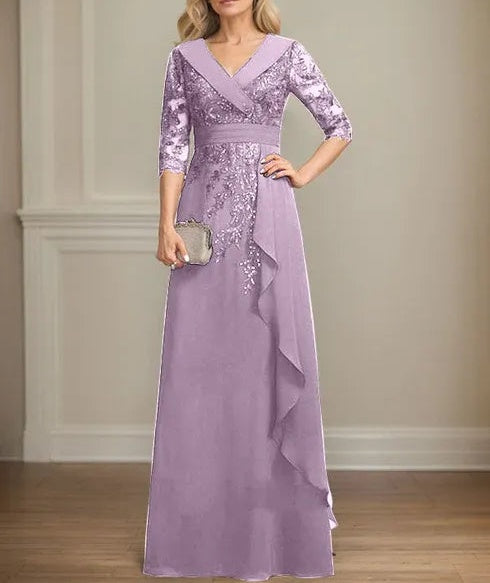 A-line Collared V-Neck Floor-Length Lace Chiffon Mother of the Bride Dress With Sequins Cascading Ruffles