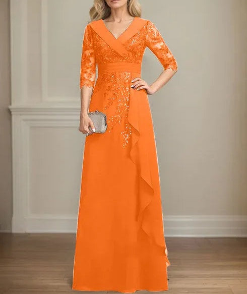 A-line Collared V-Neck Floor-Length Lace Chiffon Mother of the Bride Dress With Sequins Cascading Ruffles