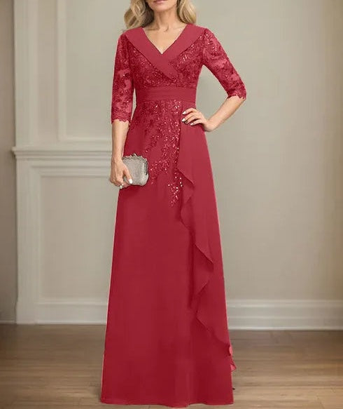 A-line Collared V-Neck Floor-Length Lace Chiffon Mother of the Bride Dress With Sequins Cascading Ruffles