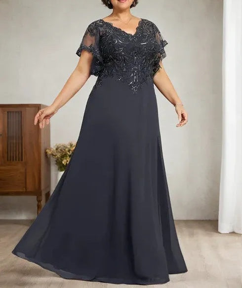 A-line V-Neck Floor-Length Lace Chiffon Mother of the Bride Dress With Sequins