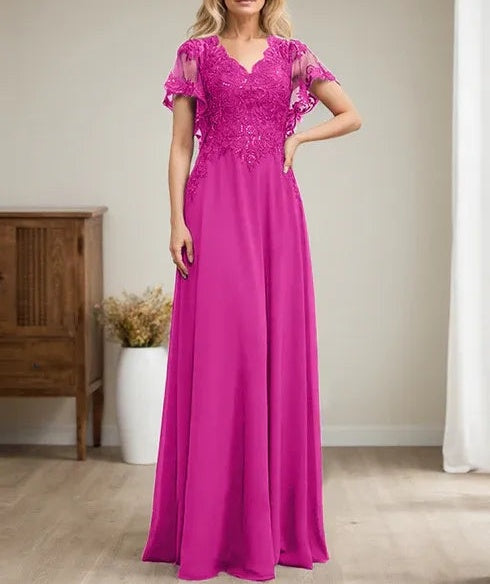 A-line V-Neck Floor-Length Lace Chiffon Mother of the Bride Dress With Sequins
