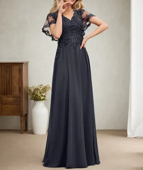 A-line V-Neck Floor-Length Lace Chiffon Mother of the Bride Dress With Sequins