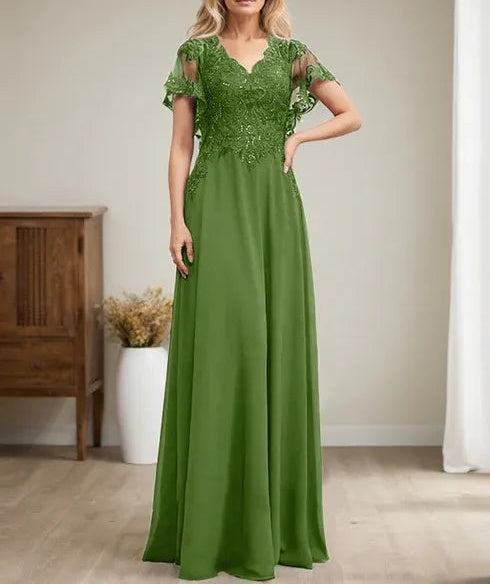 A-line V-Neck Floor-Length Lace Chiffon Mother of the Bride Dress With Sequins