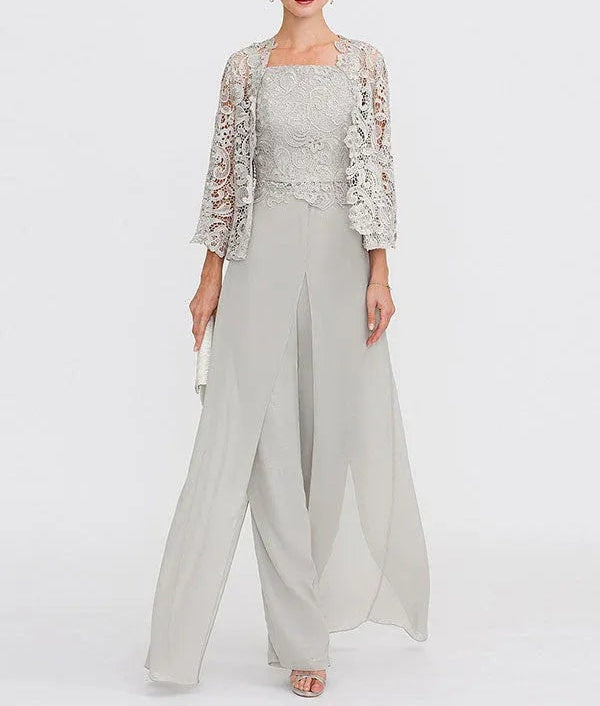 3 Piece Chiffon Square Neck Mother of the Bride Pantsuits with Jacket