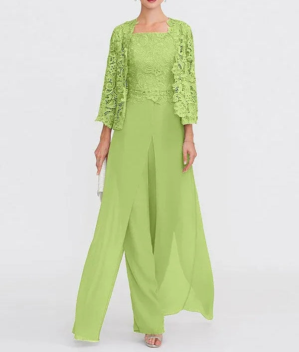 3 Piece Chiffon Square Neck Mother of the Bride Pantsuits with Jacket