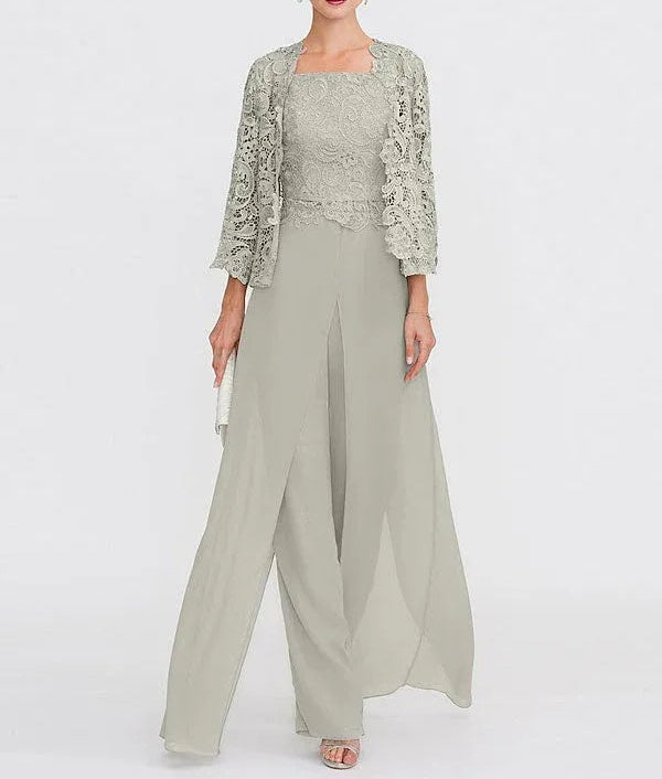 3 Piece Chiffon Square Neck Mother of the Bride Pantsuits with Jacket