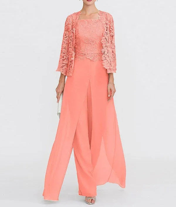 3 Piece Chiffon Square Neck Mother of the Bride Pantsuits with Jacket