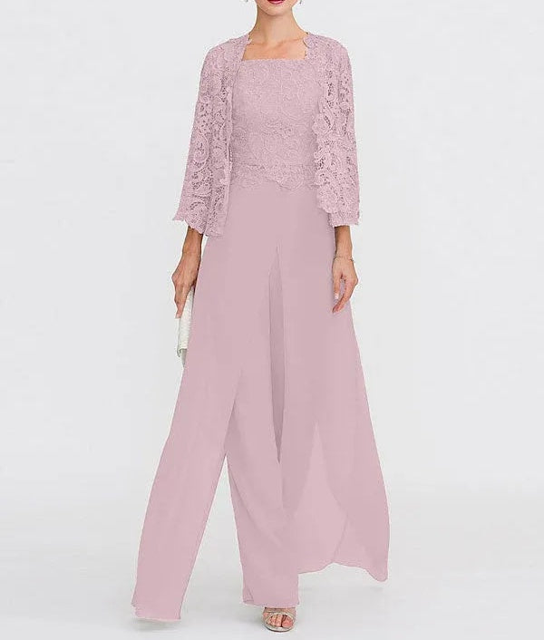 3 Piece Chiffon Square Neck Mother of the Bride Pantsuits with Jacket