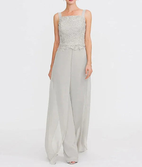 3 Piece Chiffon Square Neck Mother of the Bride Pantsuits with Jacket