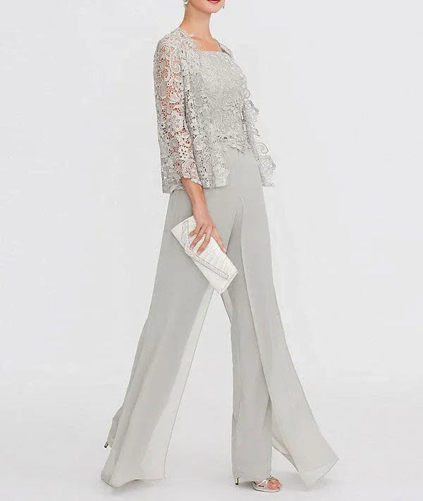 3 Piece Chiffon Square Neck Mother of the Bride Pantsuits with Jacket