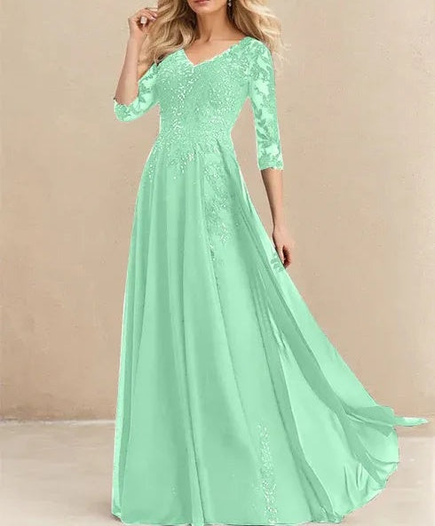 A-line V-Neck Floor-Length Lace Chiffon Mother of the Bride Dress With Sequins