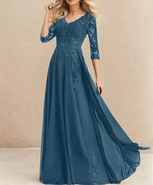 A-line V-Neck Floor-Length Lace Chiffon Mother of the Bride Dress With Sequins