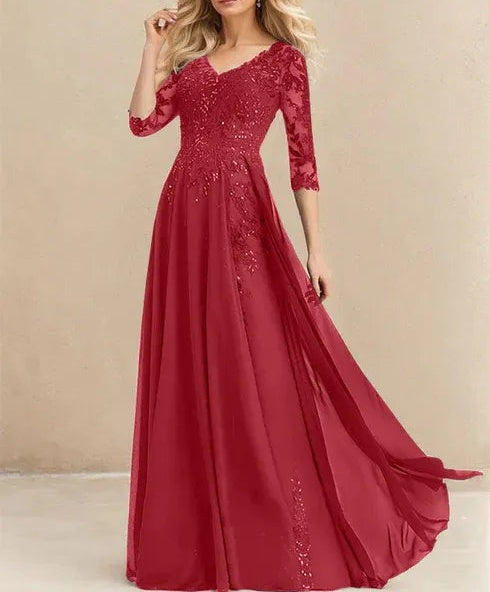 A-line V-Neck Floor-Length Lace Chiffon Mother of the Bride Dress With Sequins