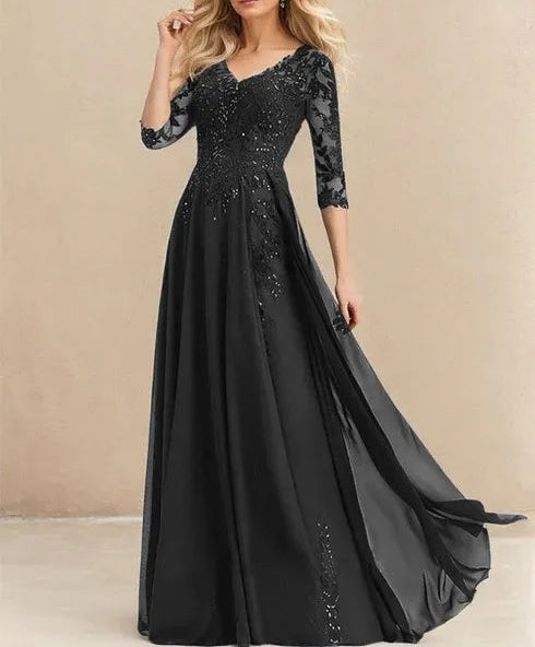 A-line V-Neck Floor-Length Lace Chiffon Mother of the Bride Dress With Sequins