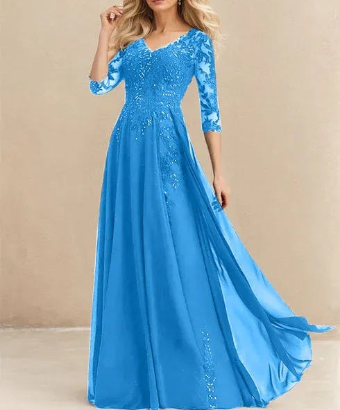 A-line V-Neck Floor-Length Lace Chiffon Mother of the Bride Dress With Sequins