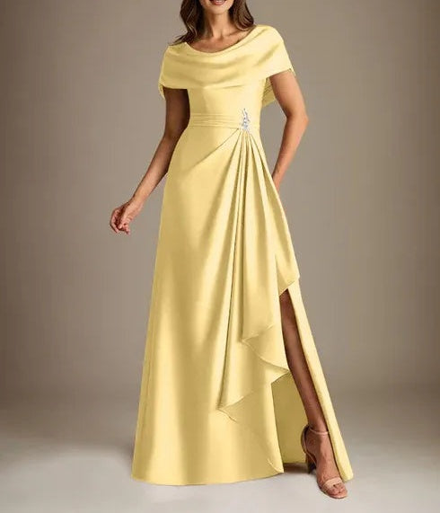 A-Line Scoop Floor-Length Stretch Satin Mother of the Bride Dress With Cascading Ruffles