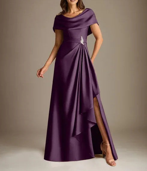 A-Line Scoop Floor-Length Stretch Satin Mother of the Bride Dress With Cascading Ruffles