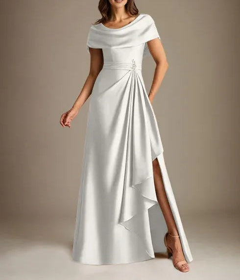 A-Line Scoop Floor-Length Stretch Satin Mother of the Bride Dress With Cascading Ruffles