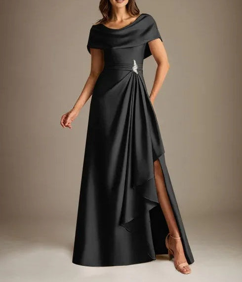 A-Line Scoop Floor-Length Stretch Satin Mother of the Bride Dress With Cascading Ruffles