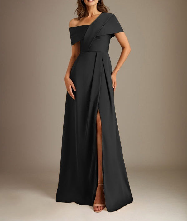 A-Line Asymmetrical Neckline Floor-Length Satin Mother of the Bride Dress With Pleated