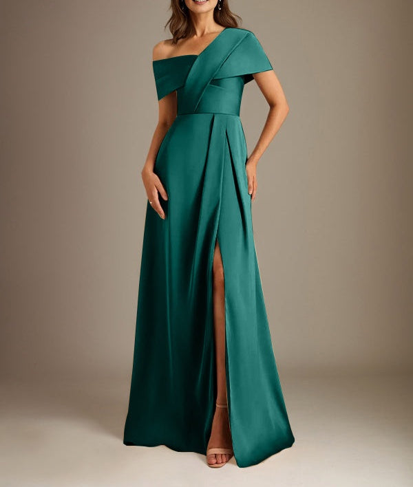 A-Line Asymmetrical Neckline Floor-Length Satin Mother of the Bride Dress With Pleated