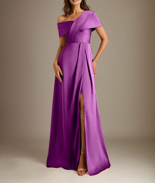 A-Line Asymmetrical Neckline Floor-Length Satin Mother of the Bride Dress With Pleated