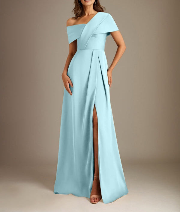 A-Line Asymmetrical Neckline Floor-Length Satin Mother of the Bride Dress With Pleated